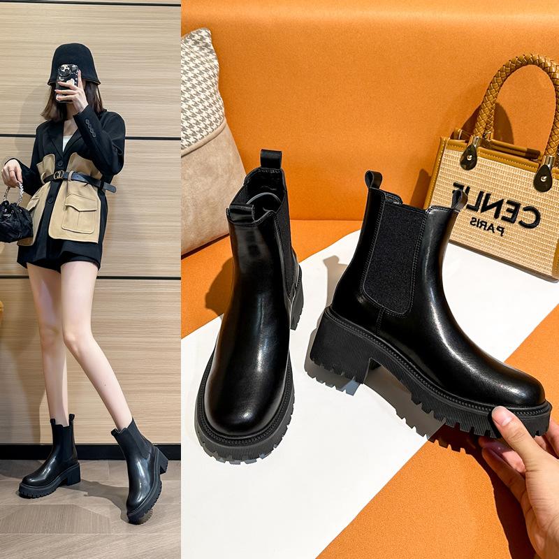 New Chelsea Short Boots Women's British Short Single Boots Round Martin Boots Heightened Thick-soled Cigarette Boots