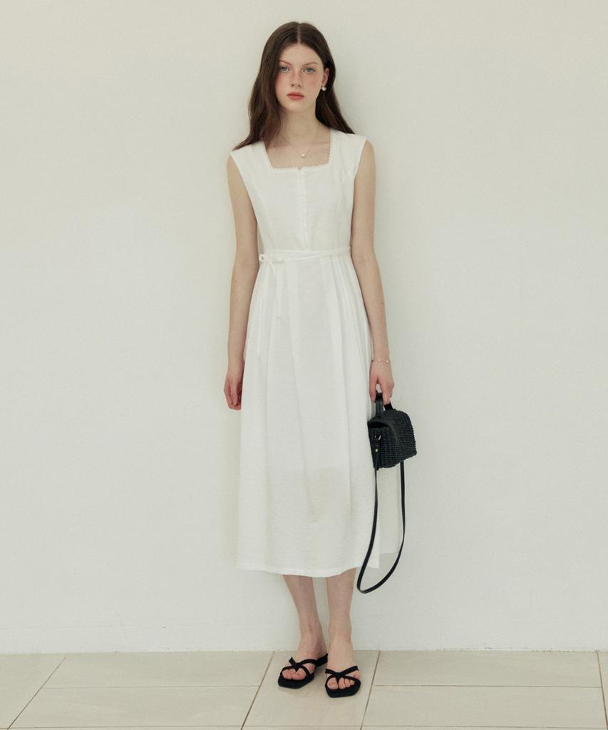 Adowl Classic Pintuck Line Ribbon Long Dress - White