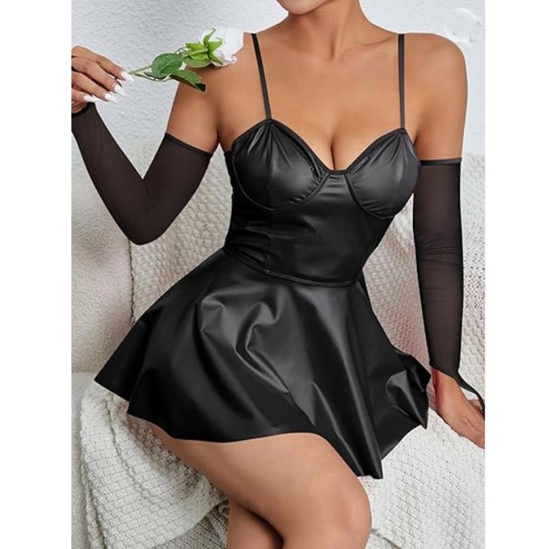 Plus Size Women Sexy Lingerie Wetlook Leather Dress Straps Shiny Latex Erotic Dress Push Up Bra Bag Hip Skirt Babydolls Clubwear