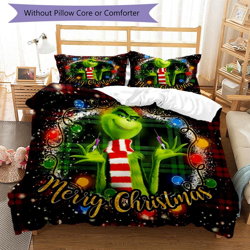 Christmas Grinch Design Bed Bedding Set 1 Duvet Cover + 2 Pillowcases Soft Breathable Household Bed Linens