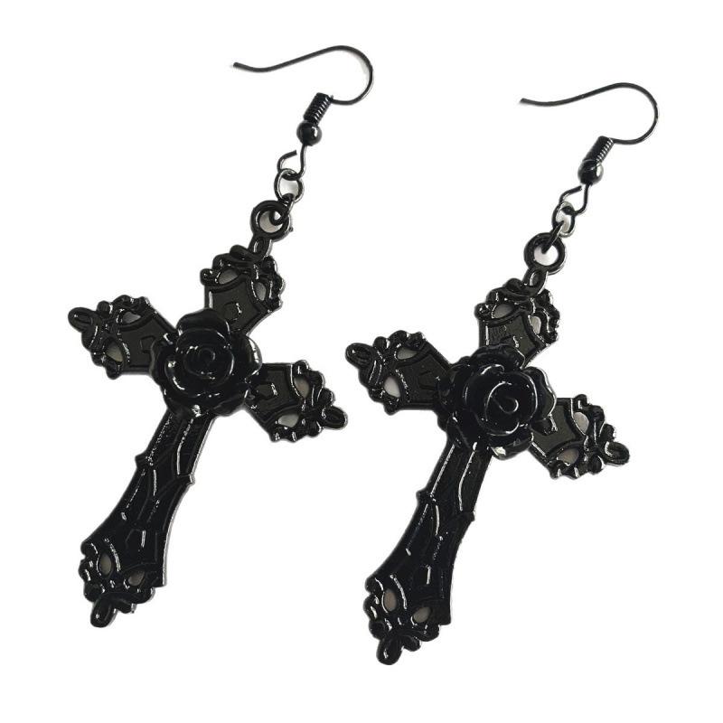 Best-Selling Gothic Cross Earrings with Red Rose In Traditional Style - Unique Large Pendant