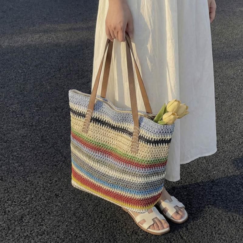 Rainbow Striped Color-blocked Handmade Straw Shoulder Bag Lightweight Breathable Beach Bag Casual Retro Style Large Capacity New