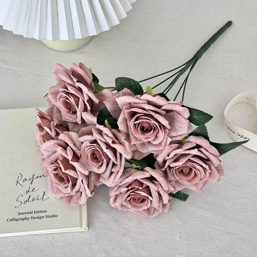 7-Head Ruffled Cappuccino Rose Bouquet - Vintage Artificial Flowers for Home or Wedding Decor