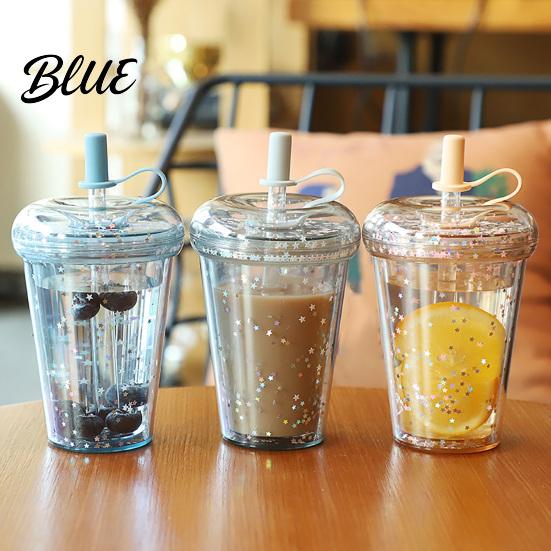 Outdoor Outing Water Container Transparent Straw Cup with Sequins Decor And Leak Proof Reusable Bubble Tea Cup Lid Plastic Sippy for Students Teens