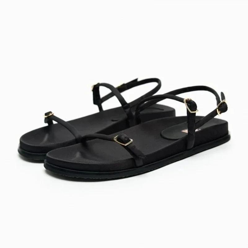 Fashion Women Flat Sandals Black Thin Straps 2025 Summer Comfortable Footwear New Design Casual Platform Ladies Beach Shoes Wholesale