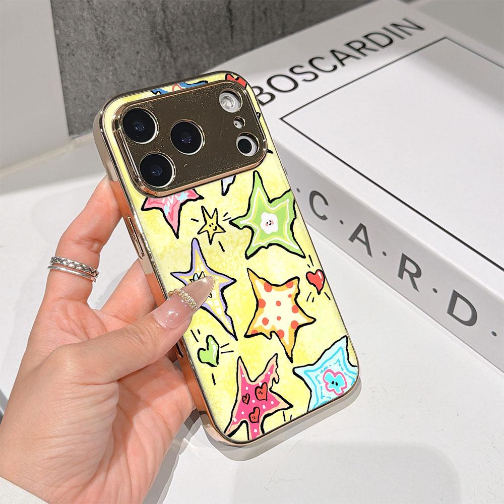 Lucky Start Phone Case For iPhone 17 16 15 14 13 12 11 Pro Max 16E Gold Electroplated Glass Shell Cute Doodle Stars Cover
