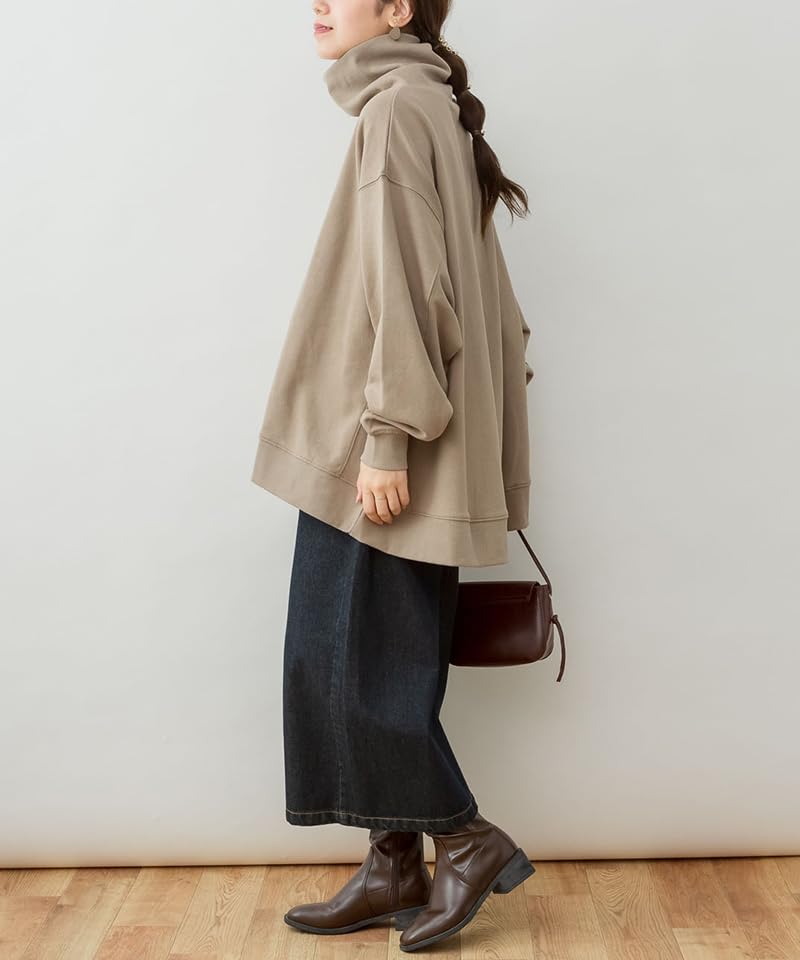 atONE Ribbed Turtleneck Plus Sizes Light Khaki ATK-0114 Women's Fleece-Lined Pullover, 4L-5L,