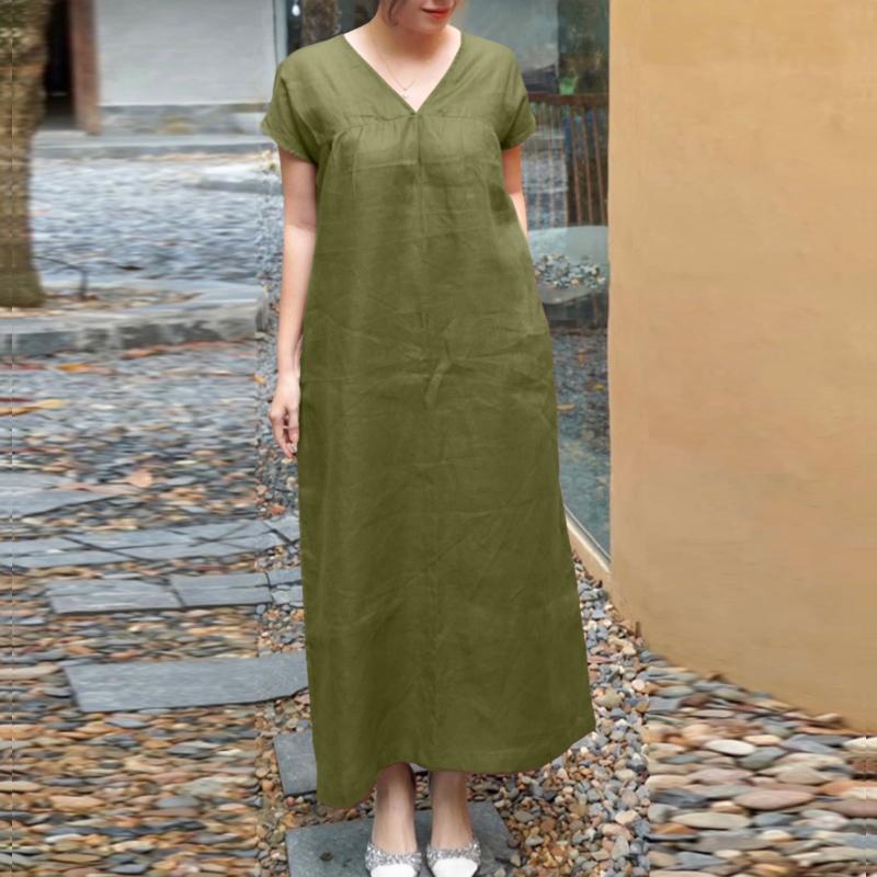 ZANZEA Women Casual V-Neck Solid Color Short Sleeve Long Dress