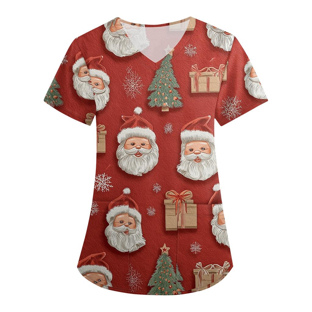 Women's Christmas Print Loose V-Neck Pocket Short-Sleeved Uniform