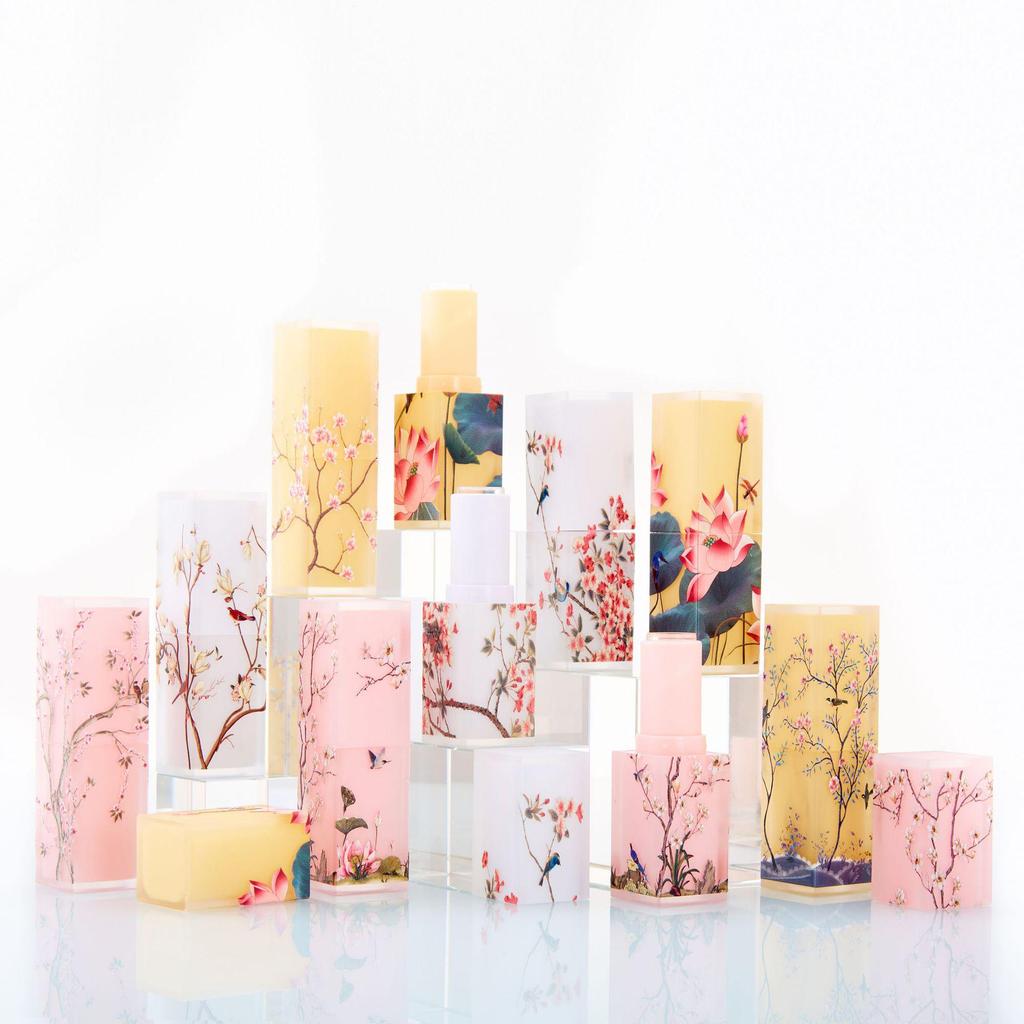 Elegant Frosted Translucent Square Lipstick Tube - Chinese Style 3D Printed Magpie Floral Design, 12.1g