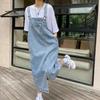 Suspender Denim Dress Loose Collarless Backless Sleeveless Side Pockets Split Hem Solid Color Adjustable Shoulder Strap Student Midi Dress