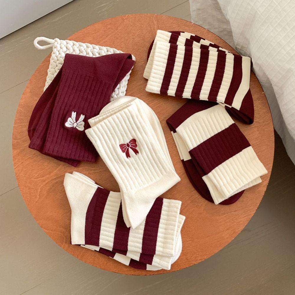 

5Pairs Bowknot Cotton Socks Sweet Tube Socks Women Fashion Stripe Socks Spring 5Pairs