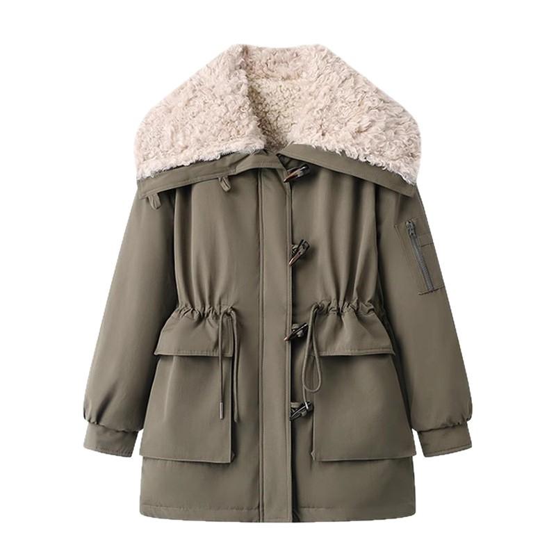 Lamb Wool Lapel Horn Button Workwear Cotton Coat Women's Mid-length Winter New Thickened Parka Cotton Coat