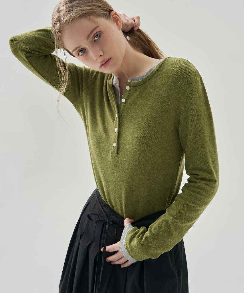 Deuloupisumeon Whale Henley Neck Long Sleeve T-Shirt [Olive]