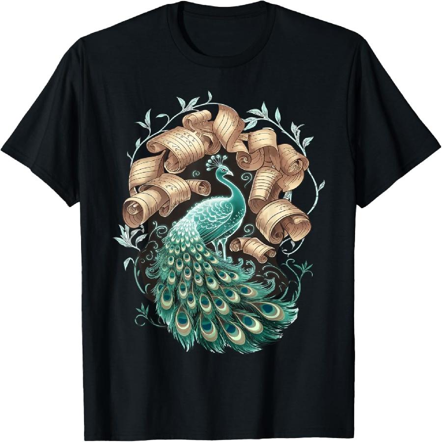 Glowing Peacock Next to Ancient Scrolls Design T-Shirt S