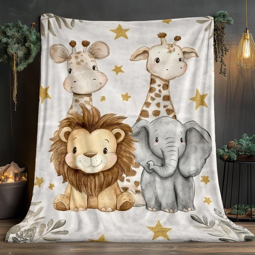 1pc Jungle Animals & Stars Blanket - Soft Flannel-like Bedspread with Grey, Giraffe, Elephant & Hearts - Lightweight Portable