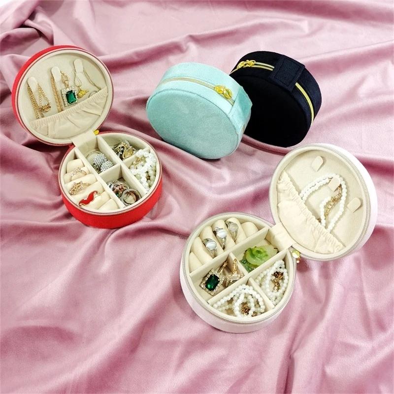 New Round Flannelette Jewelry Storage Box Portable Travel Jewelry Box Ring Earrings Bracelet Necklace Multi-functional Organizer