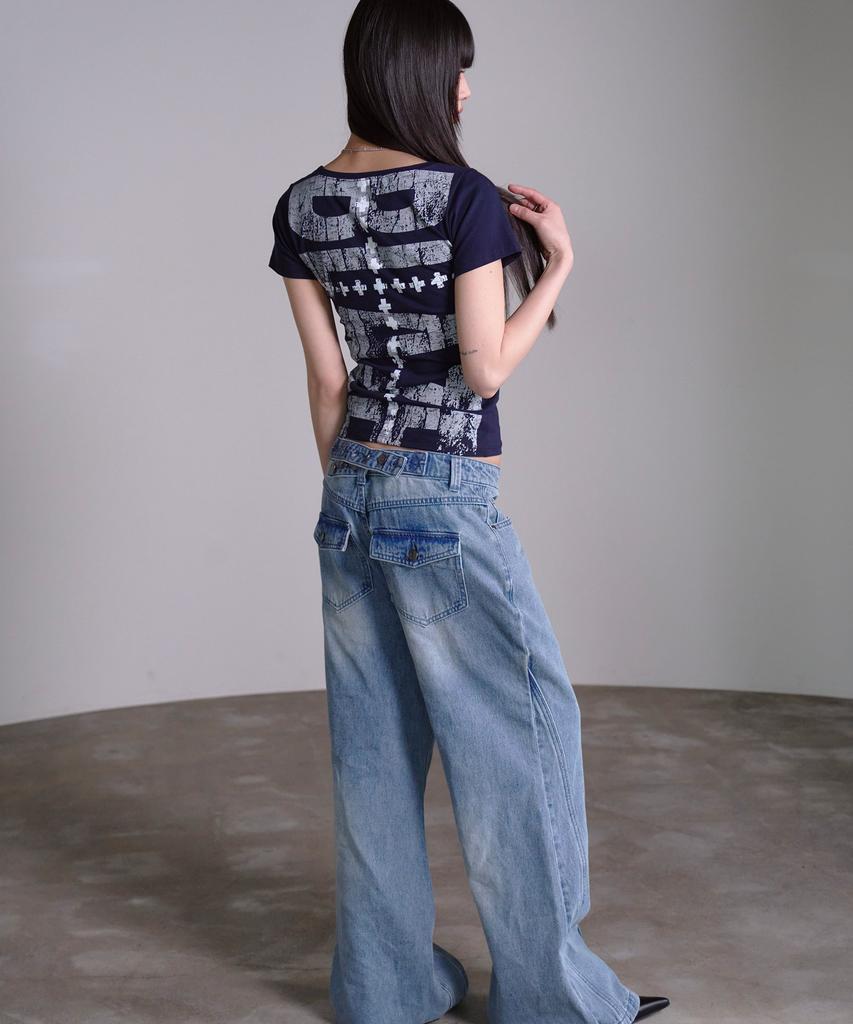 PRENDA Double Cross Back Print Short Sleeve Navy