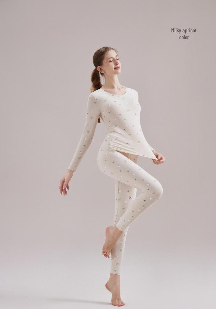 Women's Autumn Lambswool & Fleece Thermal Set: 460g Brushed Velvet Top & Bottoms for Cold Weather