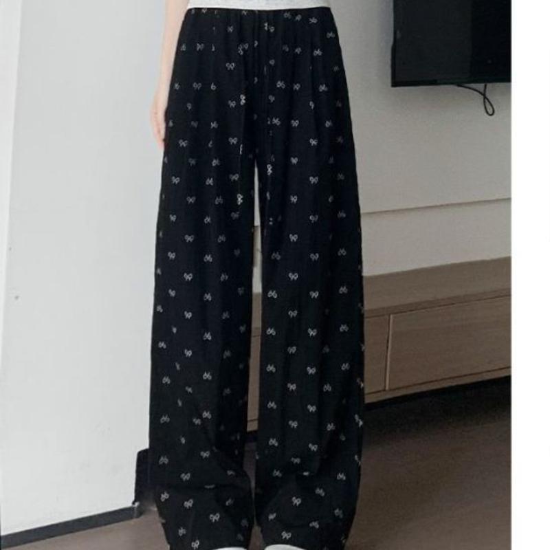 

Нишевые брюки-бантики в стиле кэжуал для женщин на лето, новые с высокой посадкой, драпированные, широкие брюки, стройнящие, ленивые прямые брюки-трубы из ледяного шелка S