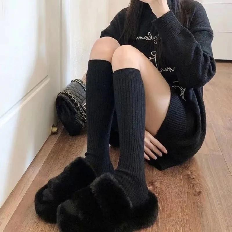 Women Striped Cotton Long Socks Japanese Jk Black White Knee High Stockings Long Tube Leg Solid Color Girls Students Warm Socks