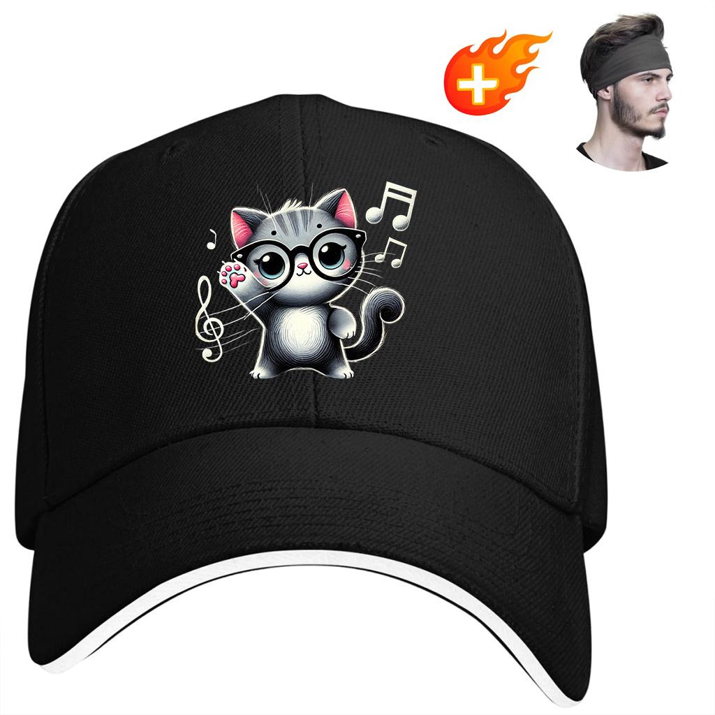 Cute Nerd Cat Music Lover Graphic Baseball Cap Adjustable Cotton Casual Dad Hat for Unisex Adults