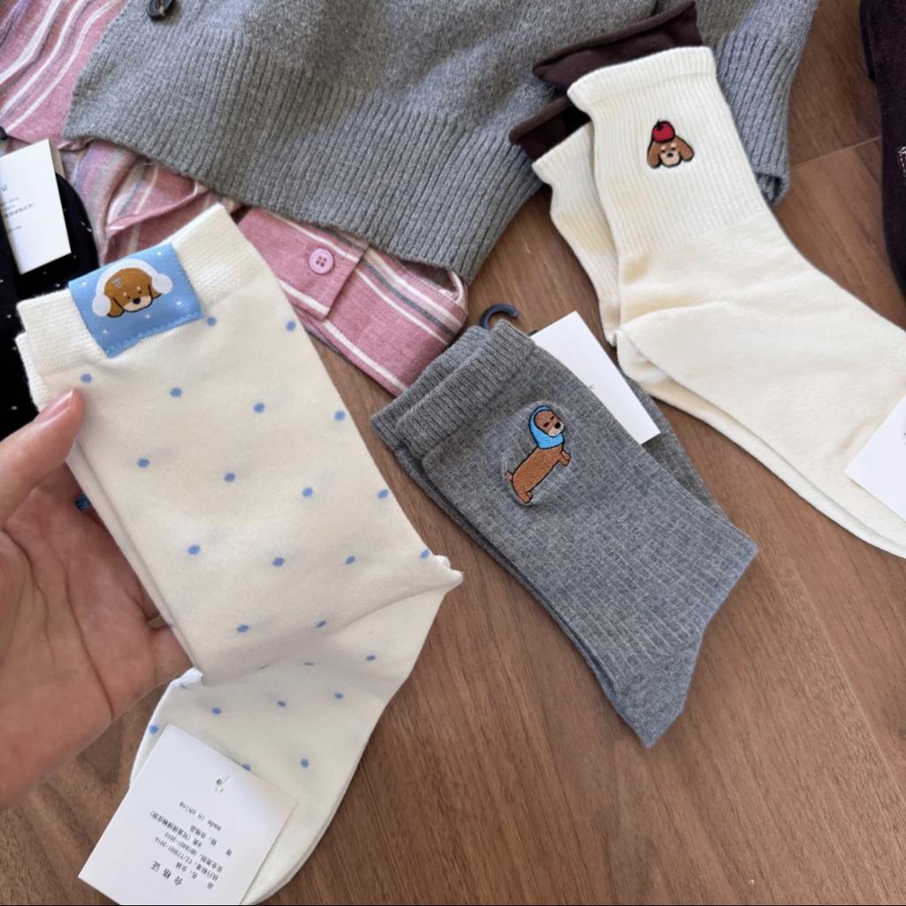 Cartoon Embroidered Dachshund Dog Socks Combed Cotton Boneless Mid-Tube Socks