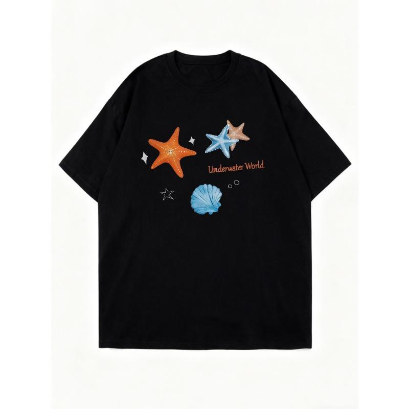 Oversized T-shirt Svart Undervattensvärld Sjöstjärna Snäcktryck Sommar Vardagskläder