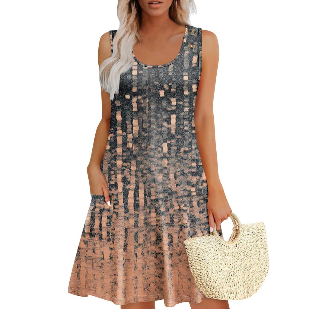 Summer Dresses For Women Beach Boho Sleeveless Printing Flowy Pocket Tshirt Tank Sundresses
