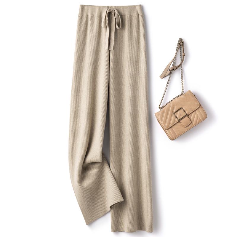Women's White Wool Knit Wide-Leg Elastic High-Waist Floor-Length Pants — Autumn/Winter Drapey, Loose-Fit, Versatile, Straight-Leg Pants