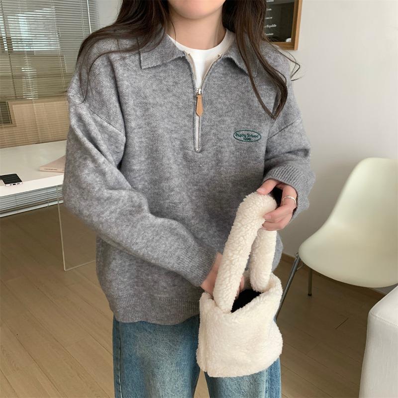 Soft waxy polo lapel college style top women's autumn and winter new outer long-sleeved half-zipper sweater knitted sweater
