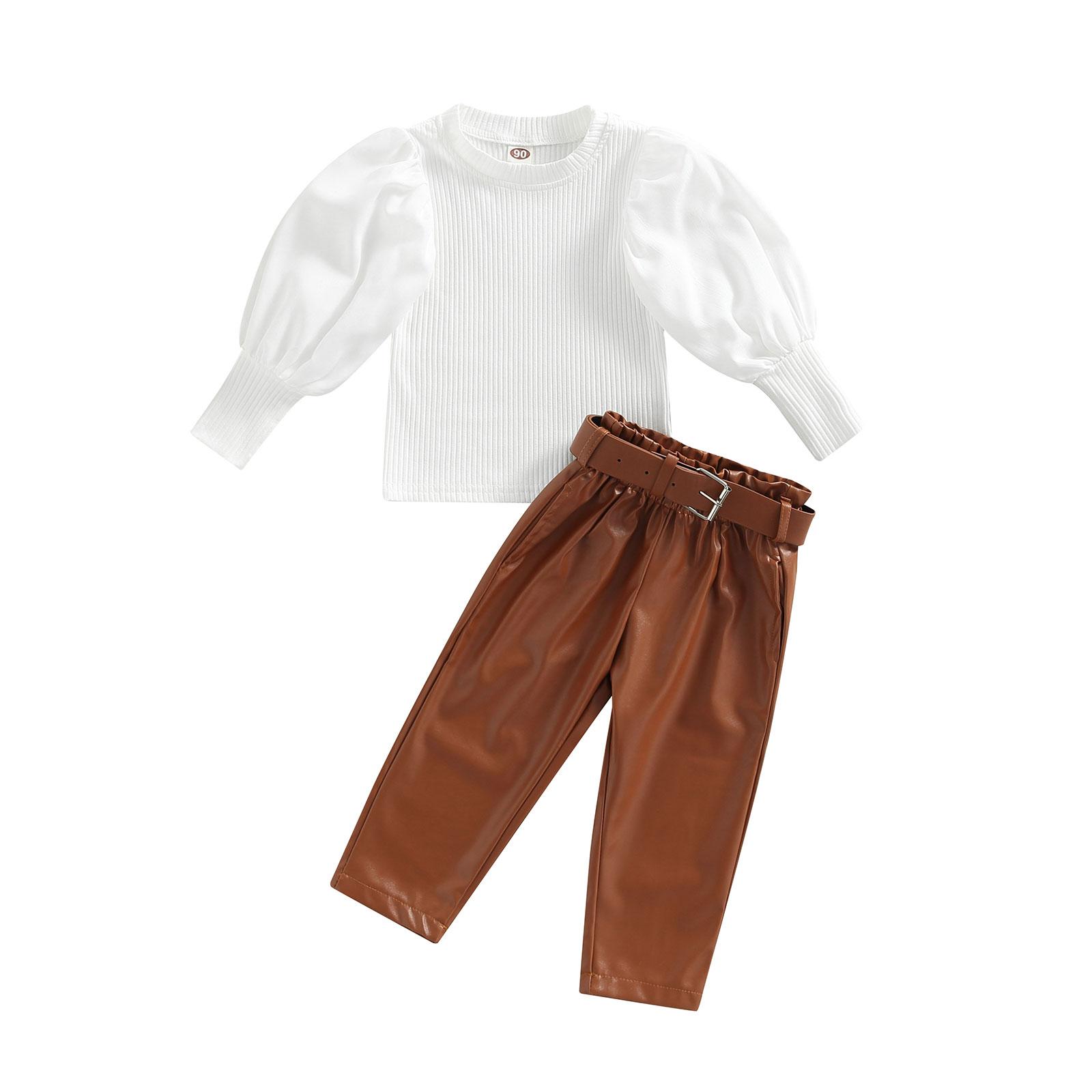 

Комплект футболки и брюк для девочек, модные топы с длинными рукавами в рубчик и длинные брюки и ремень из искусственной кожи 4-5 Years белый
