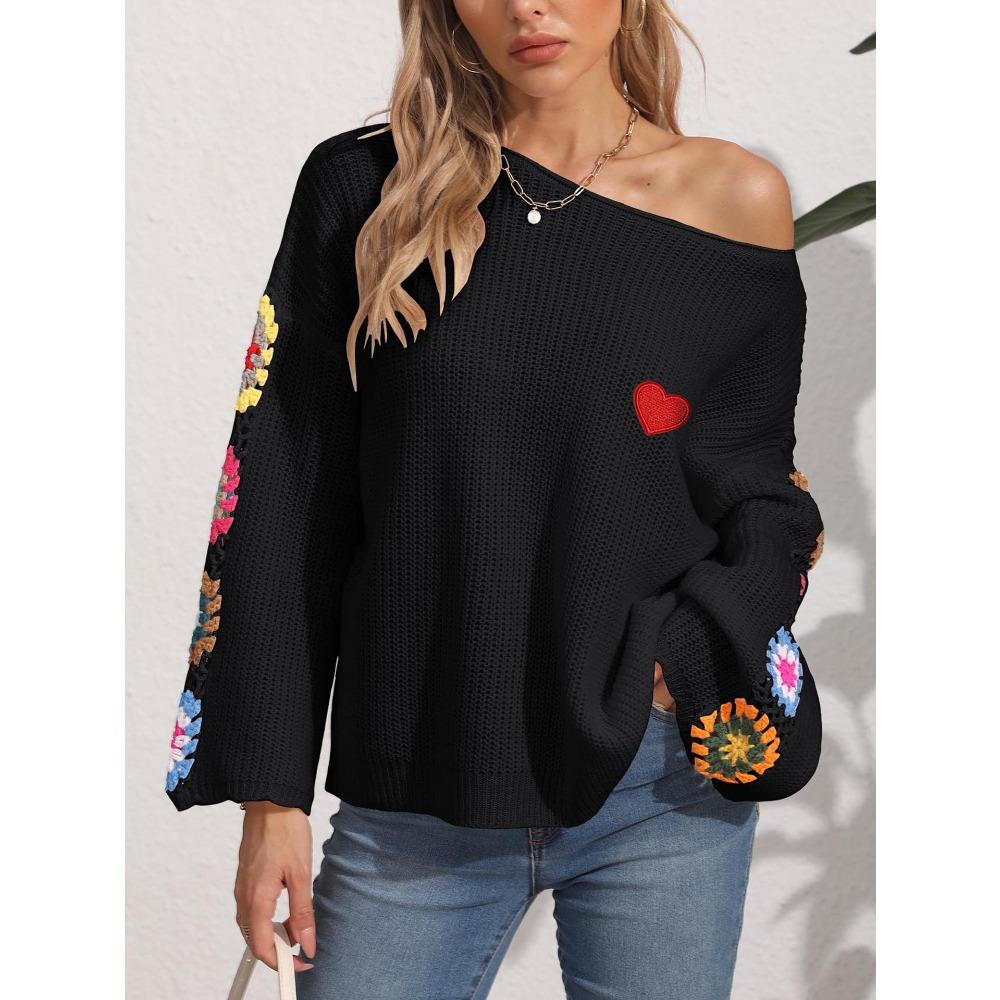 Women’s Pullover: Autumn/Winter Women’s Off-the-Shoulder, Loose-Fit Top with a Straight Neckline – Random Assortment of Colours, Crocheted Design