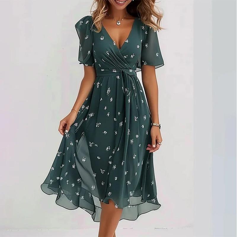 Elegant And Fashionable Printed Knee Length Dress For Women 2025 New Loose Casual V-neck Floral New Printed Dress Femme Robe