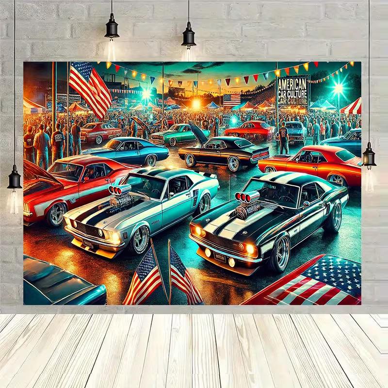 Classic American Car Culture Tapestry Retro Muscle Cars Wall Hanging