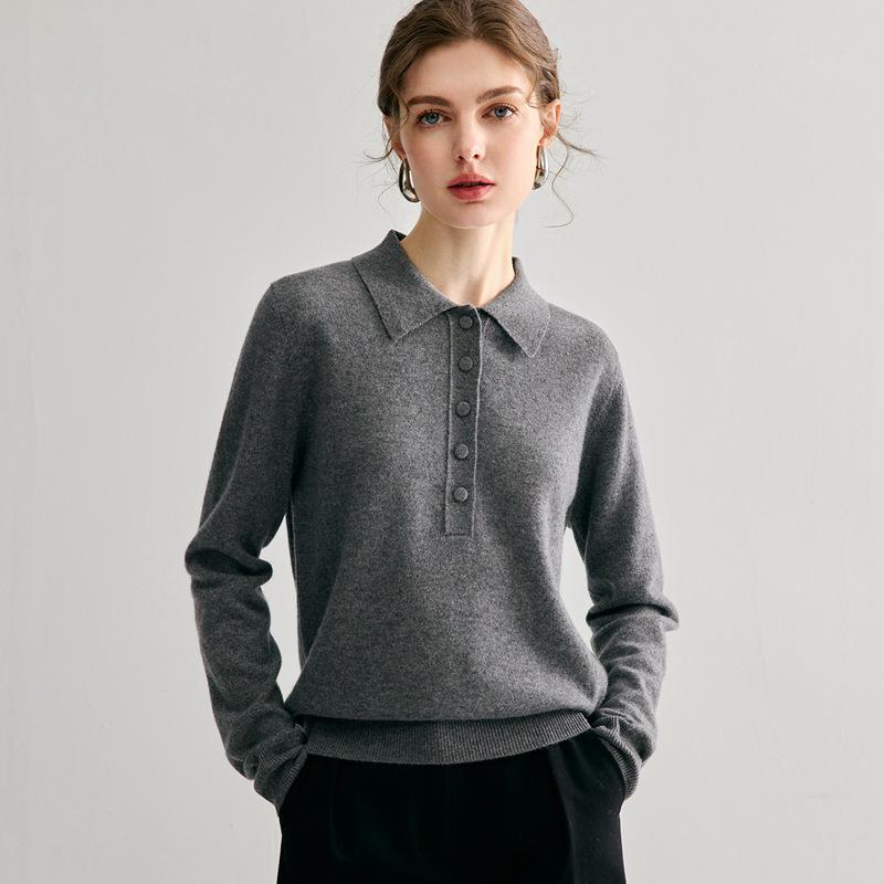 Women's 100% Pure Cashmere Polo Collar Sweater - Autumn/Winter Long Sleeve Loose Knitted Pullover