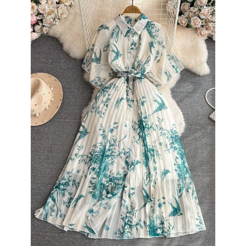 Vintage Single-Breasted A- line Pleated Dress Short Sleeve