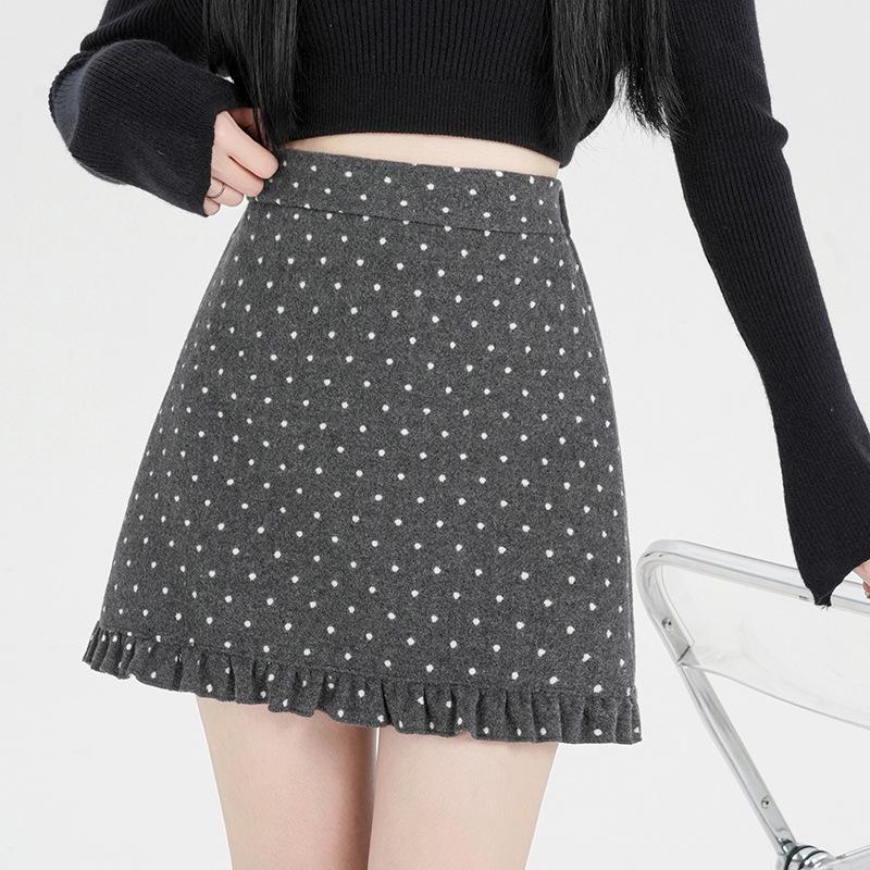 Plus Size Grey Polka Dot Wool A-line High Waist Ruffle Skirt for Women 4XL серый