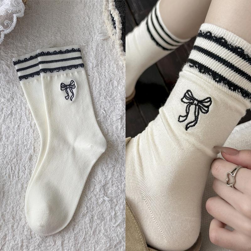 Bow Embroidered Socks Striped Lace Sweet Mid-Leg Socks Worn Outside Lace Pile Socks