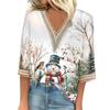 Women's Loose Casual Three-quarter Sleeve V-neck Lace Loose Christmas Print T-shirt Top