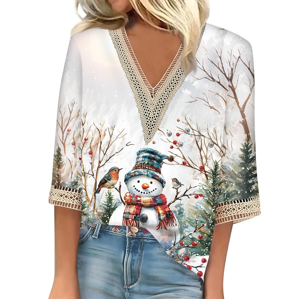 Women's Loose Casual Three-quarter Sleeve V-neck Lace Loose Christmas Print T-shirt Top