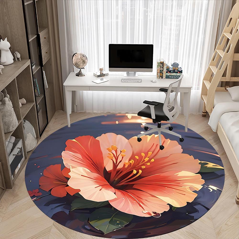 1PC Flower Bloom Office Round Area Rug, Indoor Mat Suitable ForOffice, Under Office Chairs Bedroom Living Room Home Decor, Room Deco G078