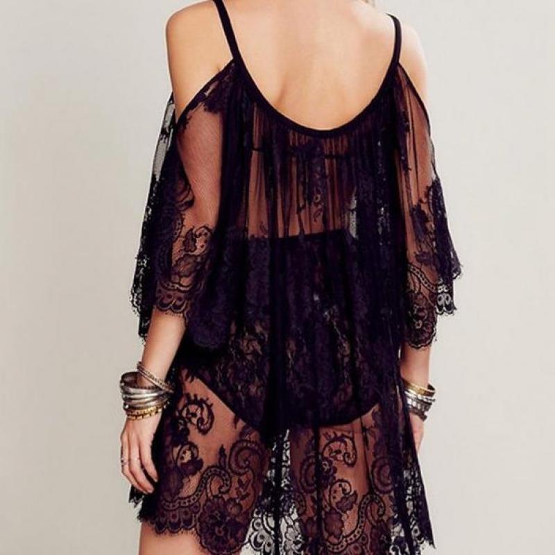 Dámské letní šaty s plážovým sexy popruhem, průhledné vyšívané květinovou krajkou