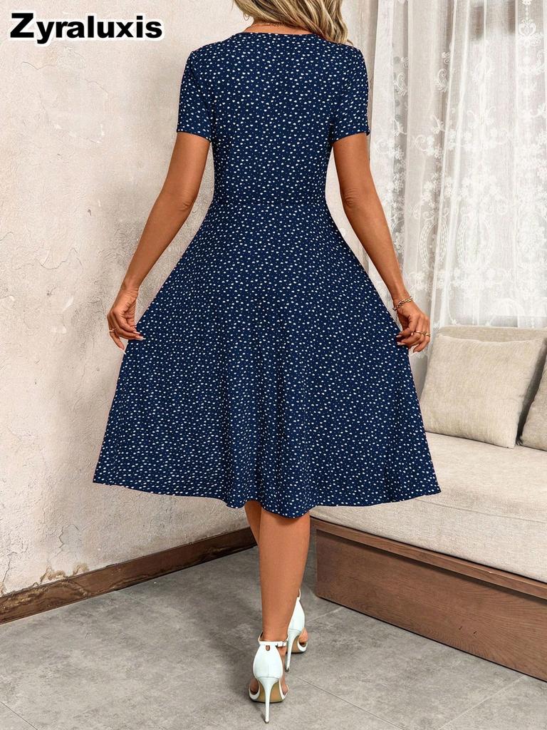 Summer New Fashion Polka Dot Women's Dress Sexy V-Neck Pleated Short Sleeve Floral Dress