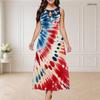 Women Plus Size Round Neck Triple Keyhole Cutout Sleeveless Printed Red Blue White Long Dress