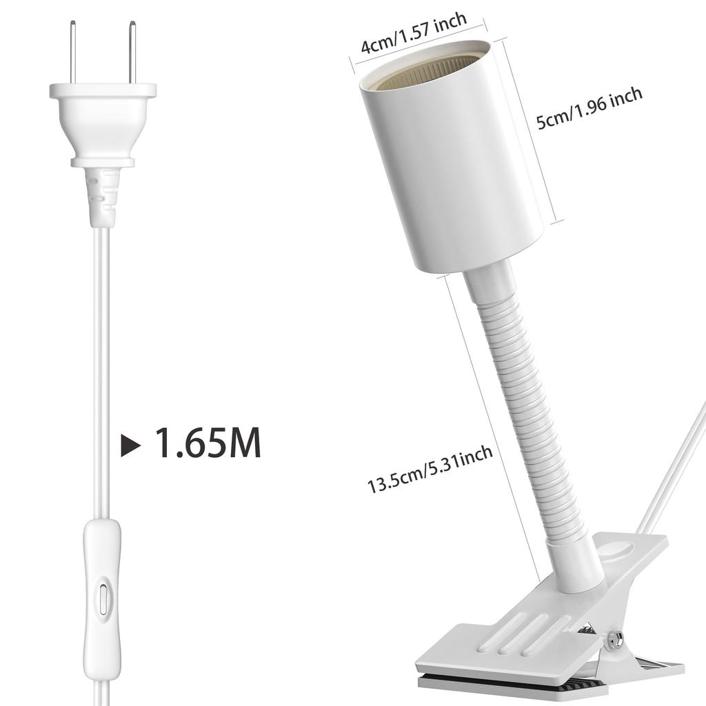 Pispoer E26 Bulb Socket, Clip-on Light Socket, Suitable for Grow Lights, 1.65 Meter Cord with Switch, 13.5 cm Neck Tube (White)
