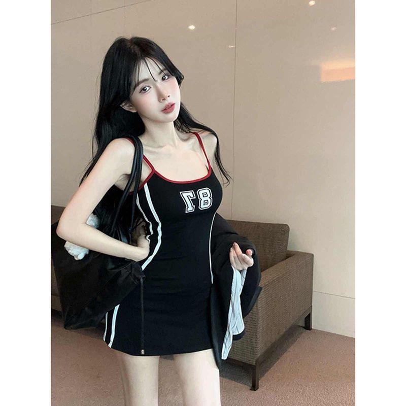 Fashion Sexy Spice Girl Letter Splicing Suspender Dress Women's Autumn and Winter New Slim and Thin Inner Hip Skirt