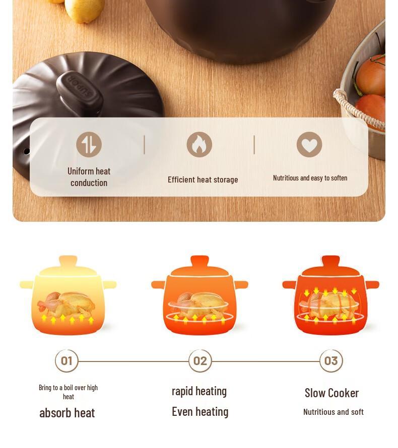 Supor High-Temperature Resistant Ceramic Stew Pot: Crack-Resistant Household Sand Pot for Soups and Stews