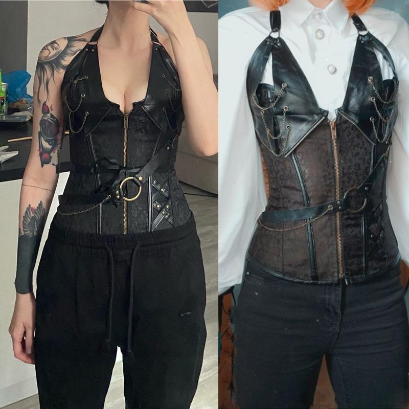 Costume da pirata vichingo medievale per adulti Costume da cavaliere gotico per donna Corsetto di Halloween Cosplay Steampunk Gilet in pelle con corazza in metallo