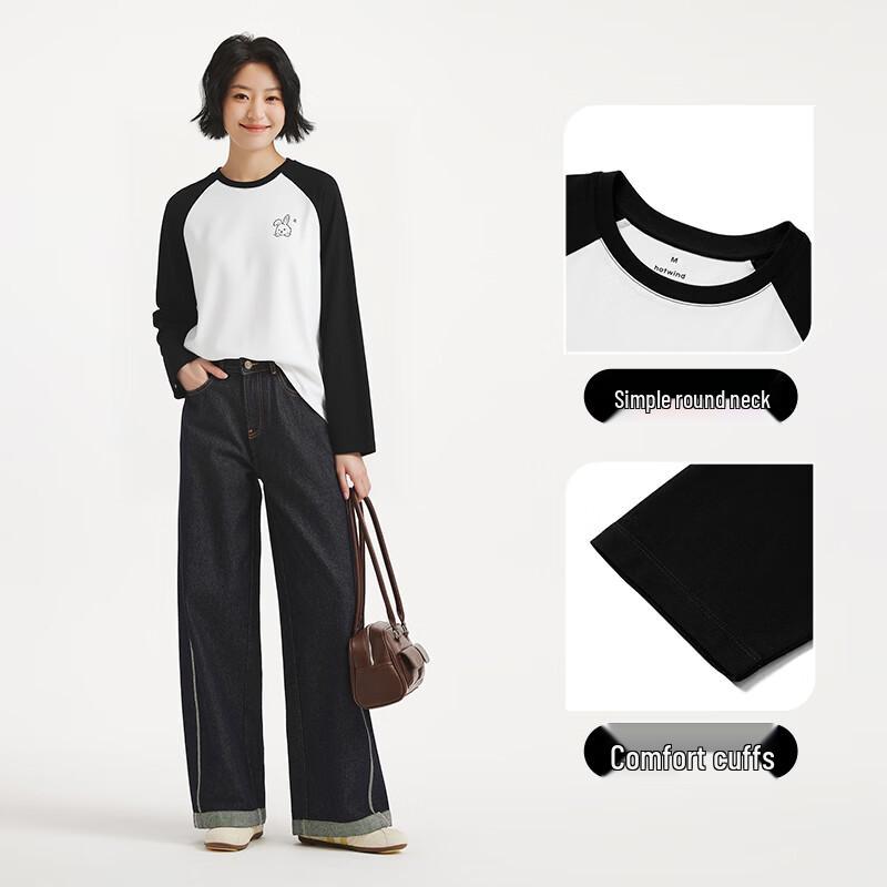 Hotwind Women's Rabbit Pattern Raglan Sleeve Color Block T-Shirt
